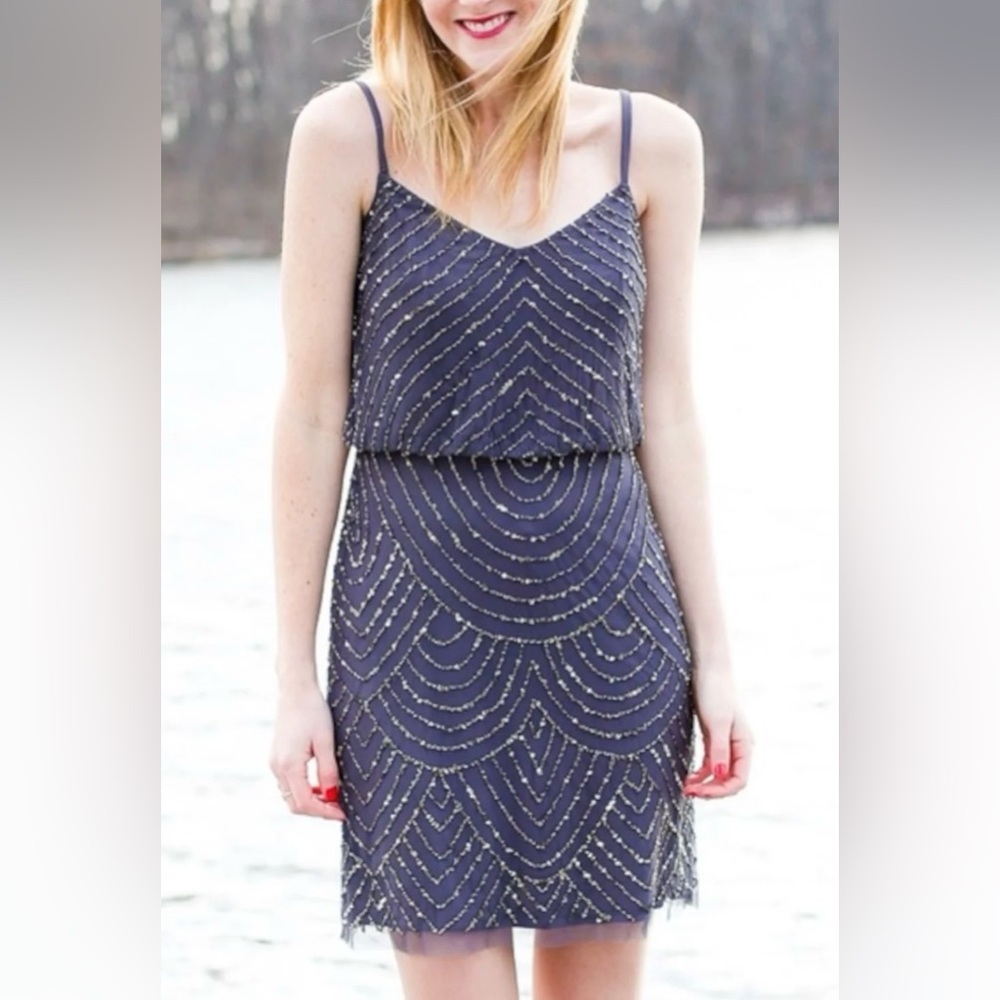 NWT Adrianna Papell Blouson Beaded Sequins Dusty Blue Dress Size 2
